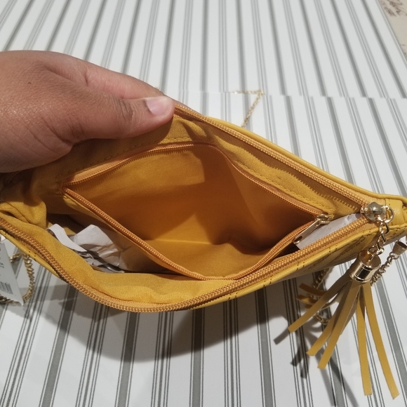 Dandelion Yellow Quilted Chevron Ribbed Crossbody Bag with Gold Chain & Tassel - Picture 8 of 16